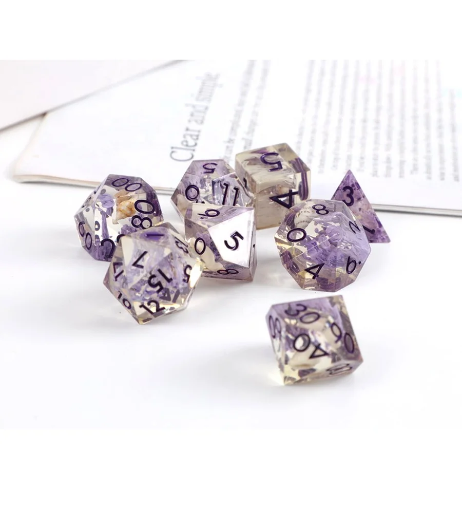 Wholesale Hot Sale Custom Printed Bag Box Rpg Game Dnd Dice Set High Quality Purple Clear Resin Polyhedral  1/6 Dice Casino