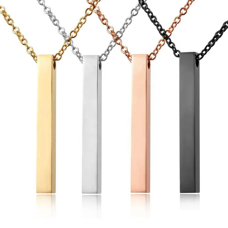 Customized Engraved Logo personalized rectangle Necklace Stainless Steel Gold Plated Blank vertical Horizontal 3D Bar Necklace
