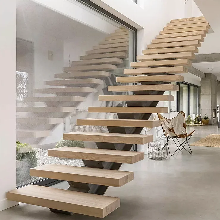 Hot Sell Apartment/Hotel single steel stringer straight floating stairs modern mono stringer wooden staircase