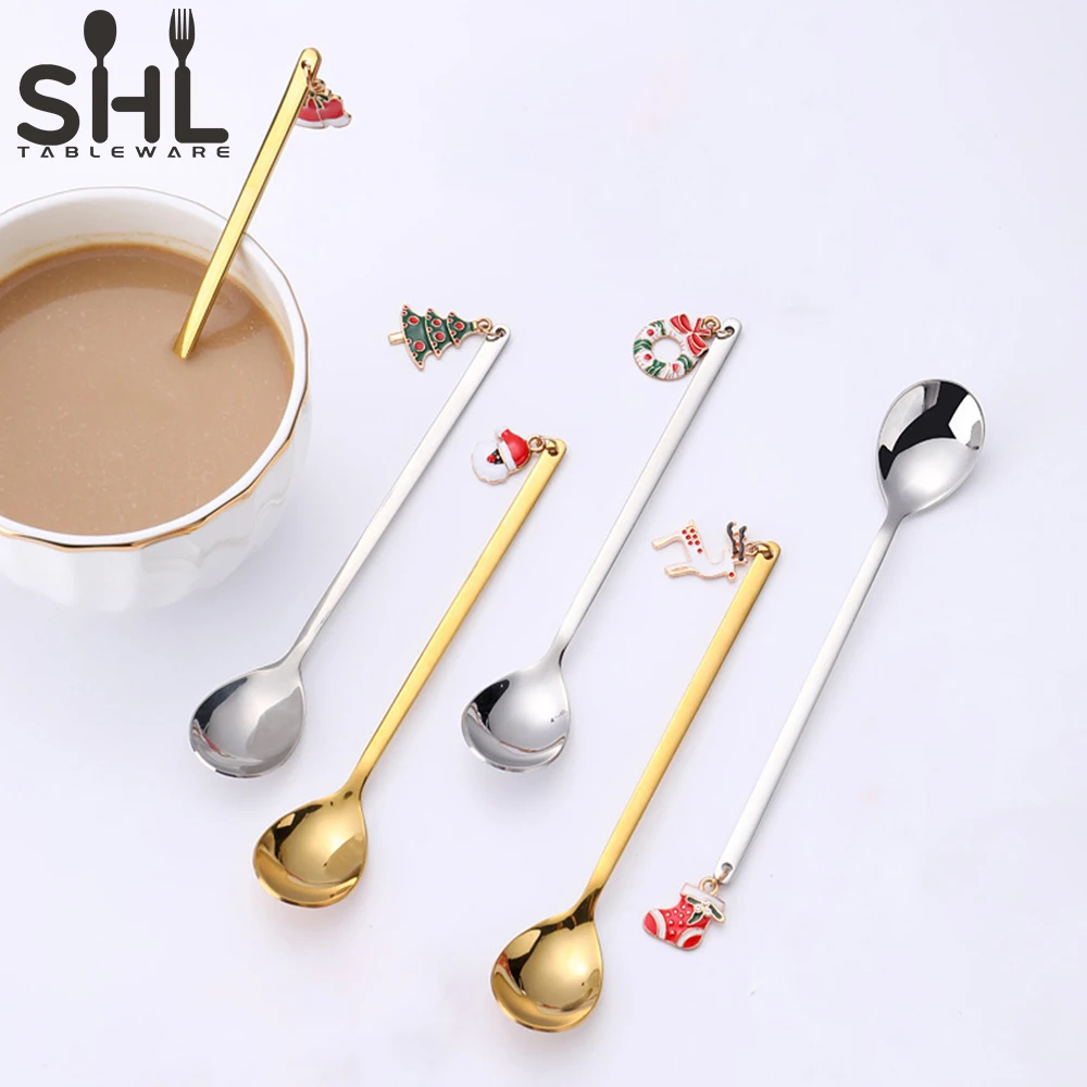 304 Stainless Steel Christmas Design Gold Stirring Cute Dessert Coffee Spoon Fork Set For Gift