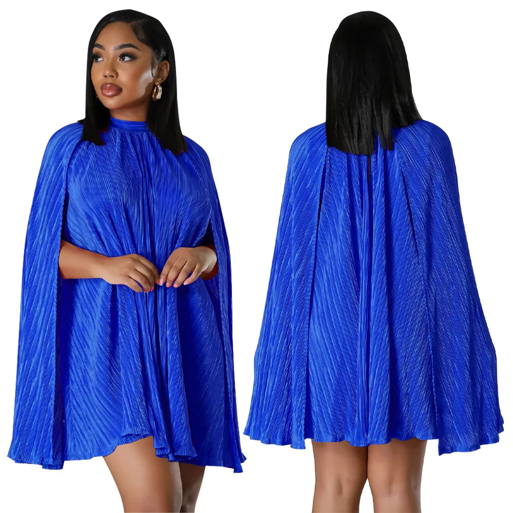QuiteS 2024 New Solid Color Pleated Cape Sleeve Dress Women Party Dresses Long Evening Elegant