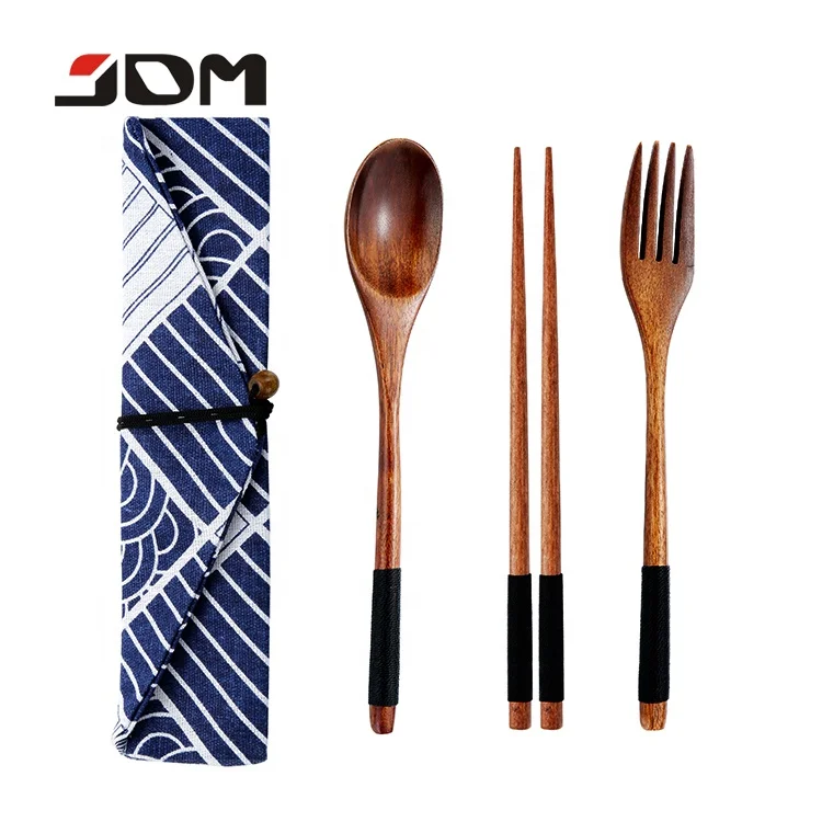Japanese eco-friendly camping wooden chopsticks, spoons and forks travel cutlery set and portable wooden cutlery Pouch
