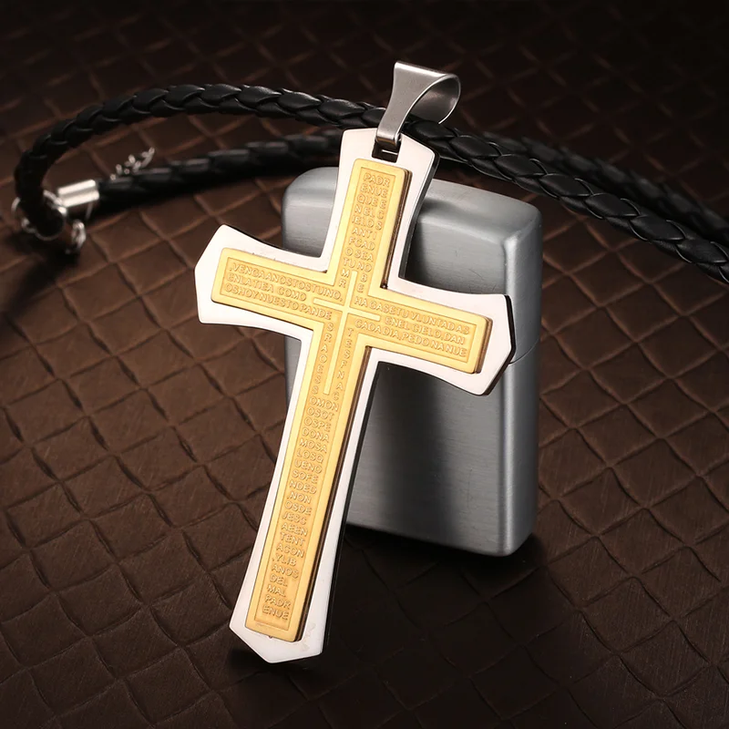 Christian religious jewelry gold plated church gift customized engrave fashion stainless steel catholic cross pendant for men