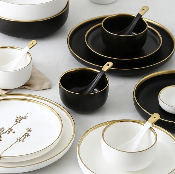 
Nordic Ins Style Gold Edge Ceramic Plates Bowl Simple Ceramic Dinnerware Set Western Deep Plate Bone China Dinner Sets 