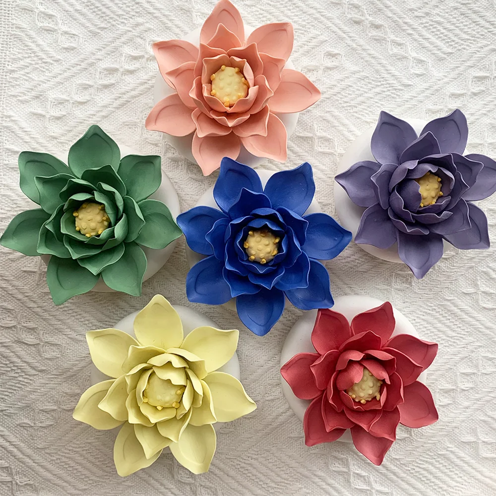 High quality blue lotus flower shape ceramic aroma stone diffuser with wooden base