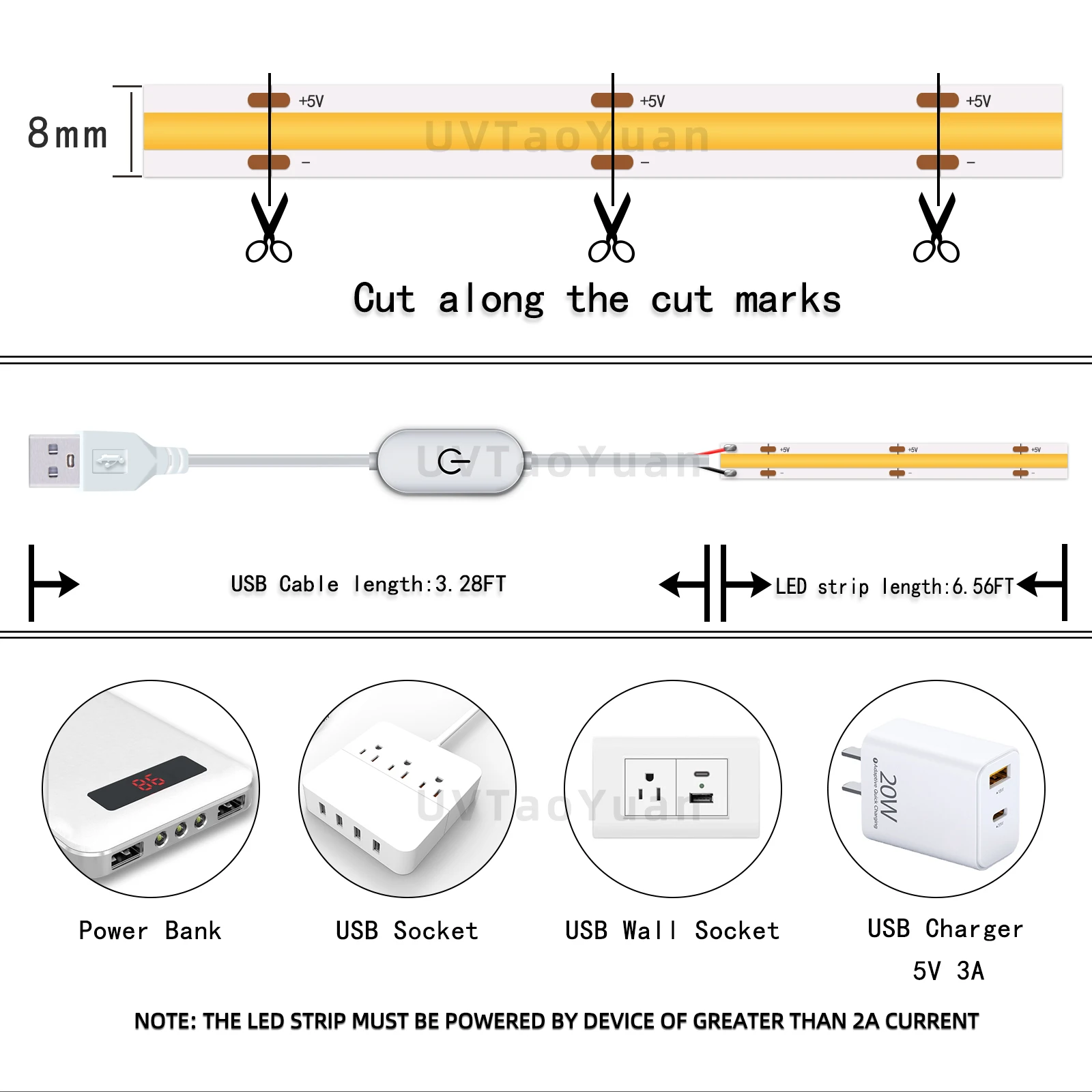 UVTaoYuan COB светодиодные полосы света 5 В USB белый свет гибкие 8 мм 320 светодиоды 2 м