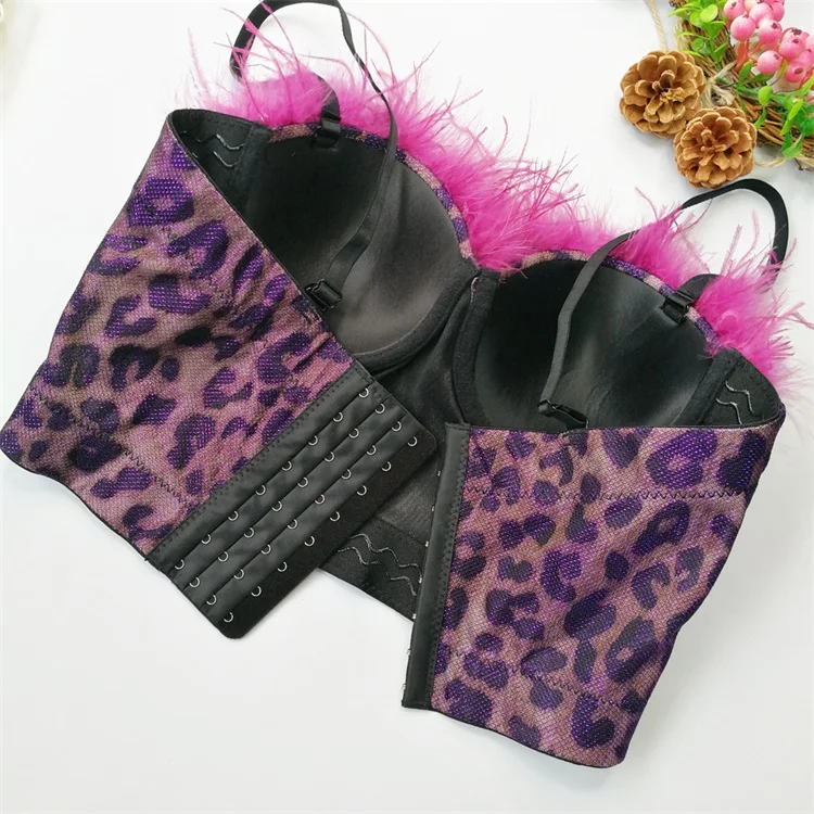 New Feather Vintage Leopard Printed Women Straps Vest Bustier Bra Corsage High Fashion Lingerie Sexy Steel Bone Corset Top Fur