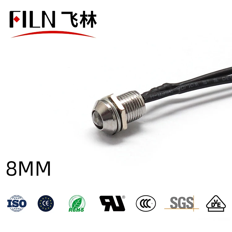8mm short Waterproof IP67 LED Metal Warning Indicator Light Signal Lamp Pilot + wire 3V 5V 6V 12V 24V 110V 220v Red Yellow Blue
