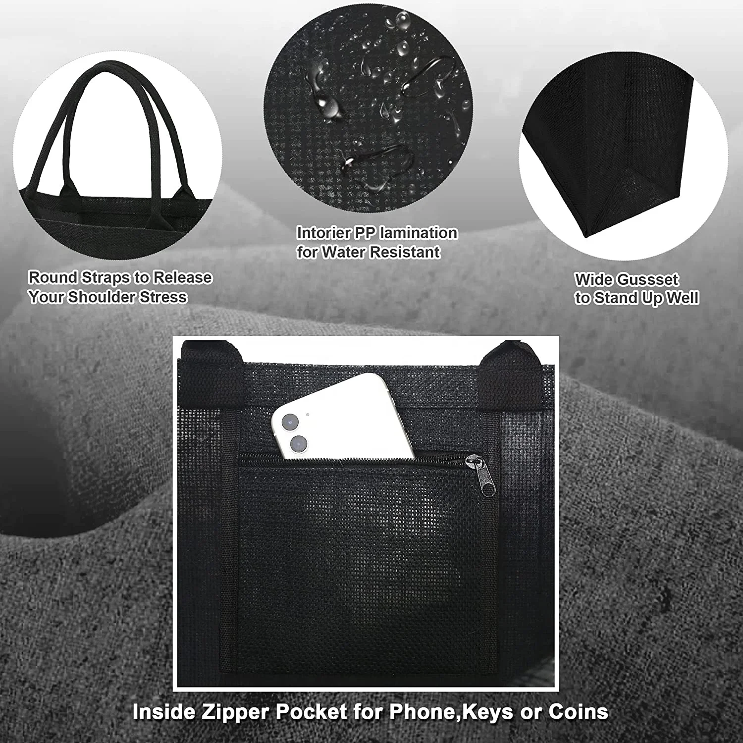 Black Jute Tote Bags Bulk Inner Zipper Pocket Cotton Handles Large Burlap Beach Tote Bags for Teacher Blank Bridesmaid Tote