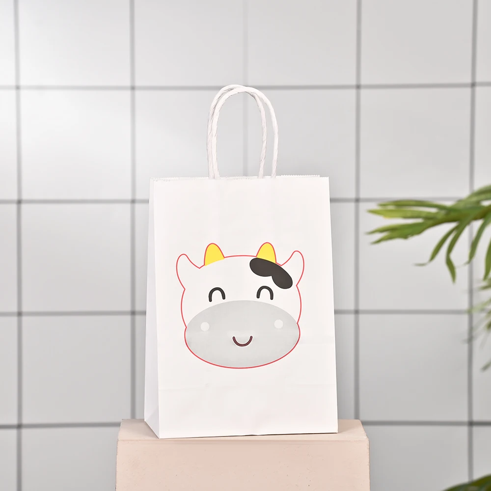 STOCK 21*15*8cm Birthday Party Kraft Paper Bags Printing Party Decoration Animal cow Gift Bags Kids Tote Bag