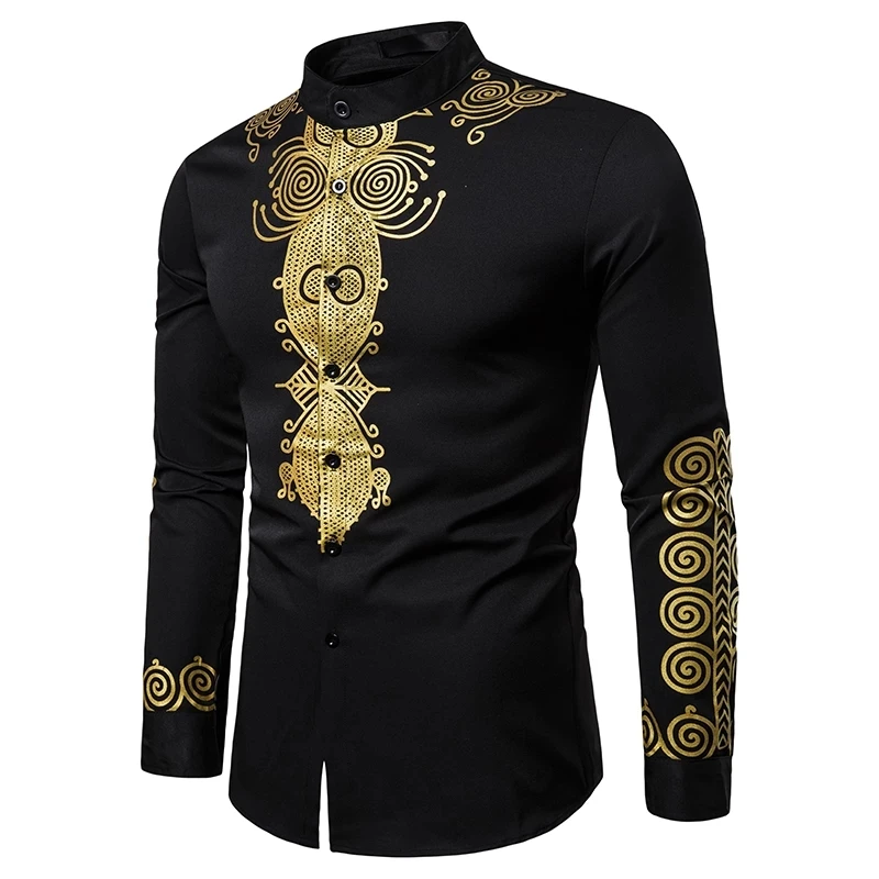 
Men Cotton Polyester African Printing Long Sleeve Stand Collar Dashiki Mens Shirts 