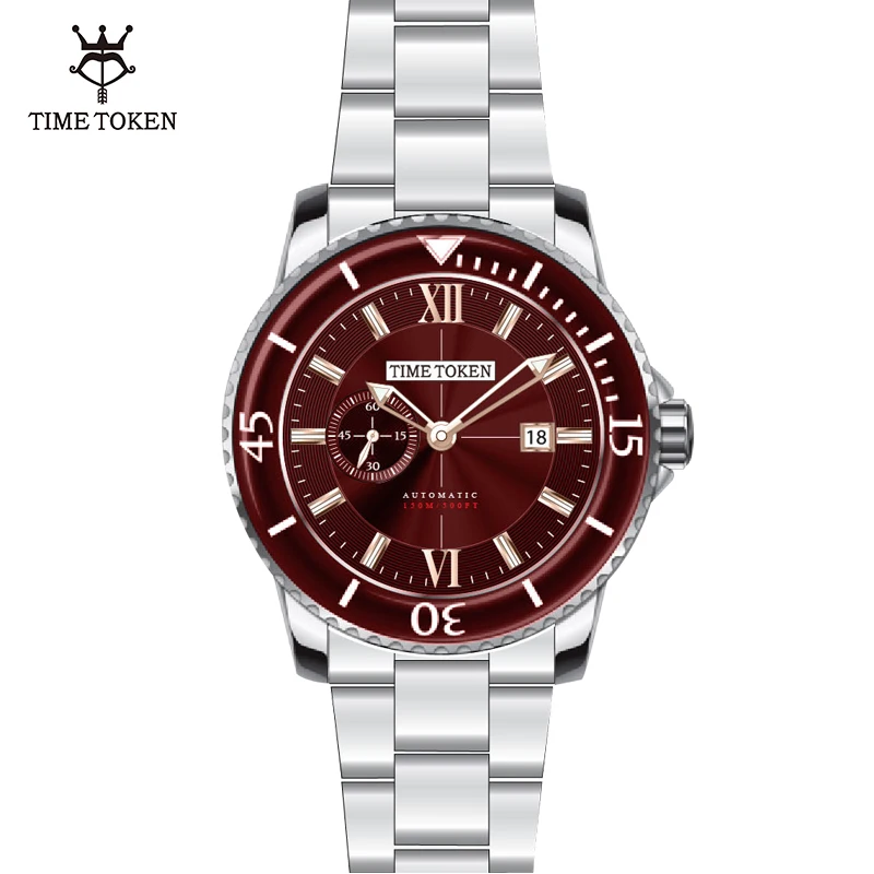 TIME TOKEN Luxury Stainless Steel Watch Men Calendar Clock Fashion Business Red Chronograph Men Mechanical Watch (1600715933392)