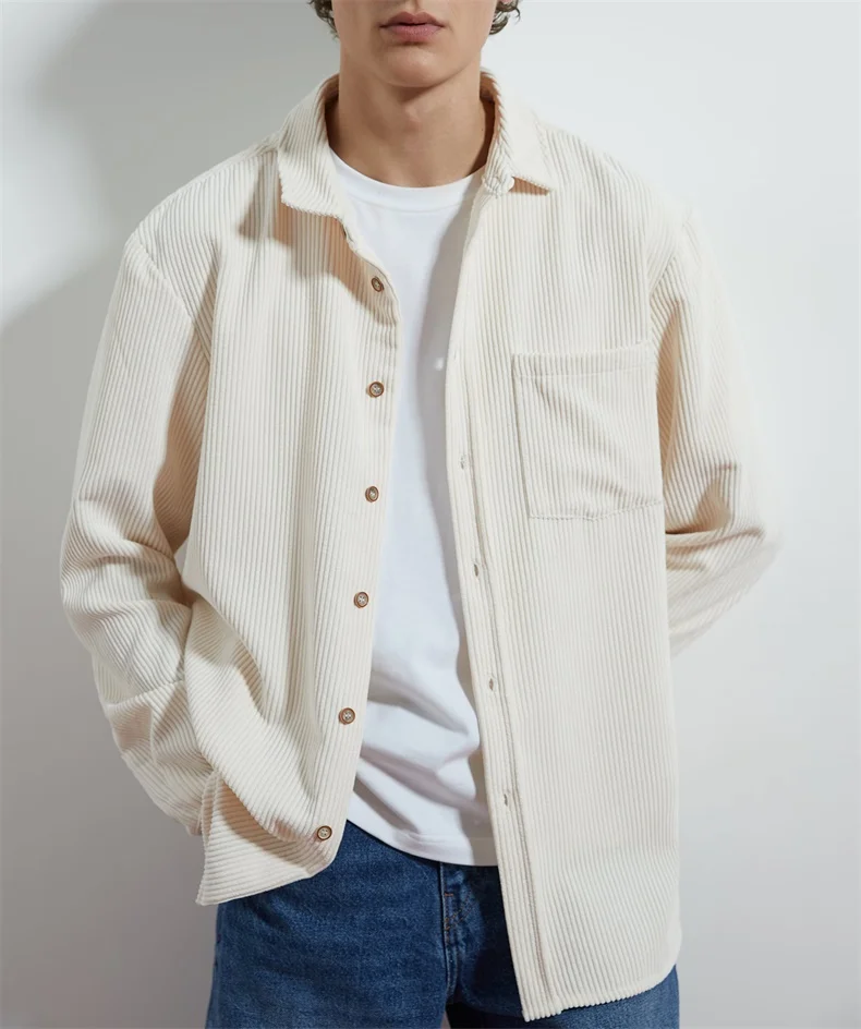 Custom mens white oversize work button up corduroy casual shirts with pocket
