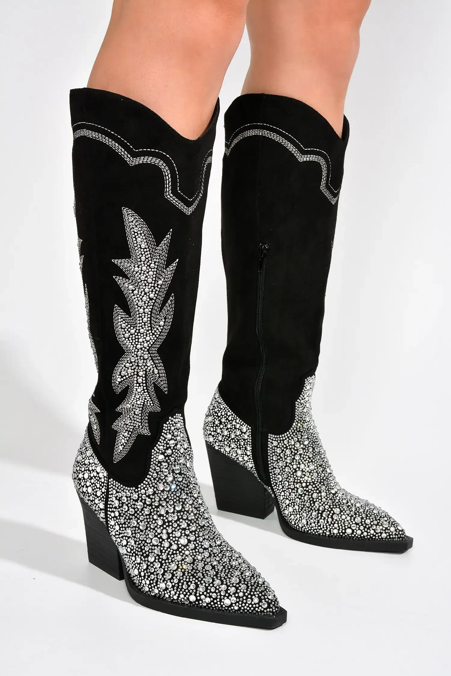 Women Black Knee High Rhinestone Boots Western Cowboy Boots Glitter Bling Shiny Block Heel Handmade Boots 44