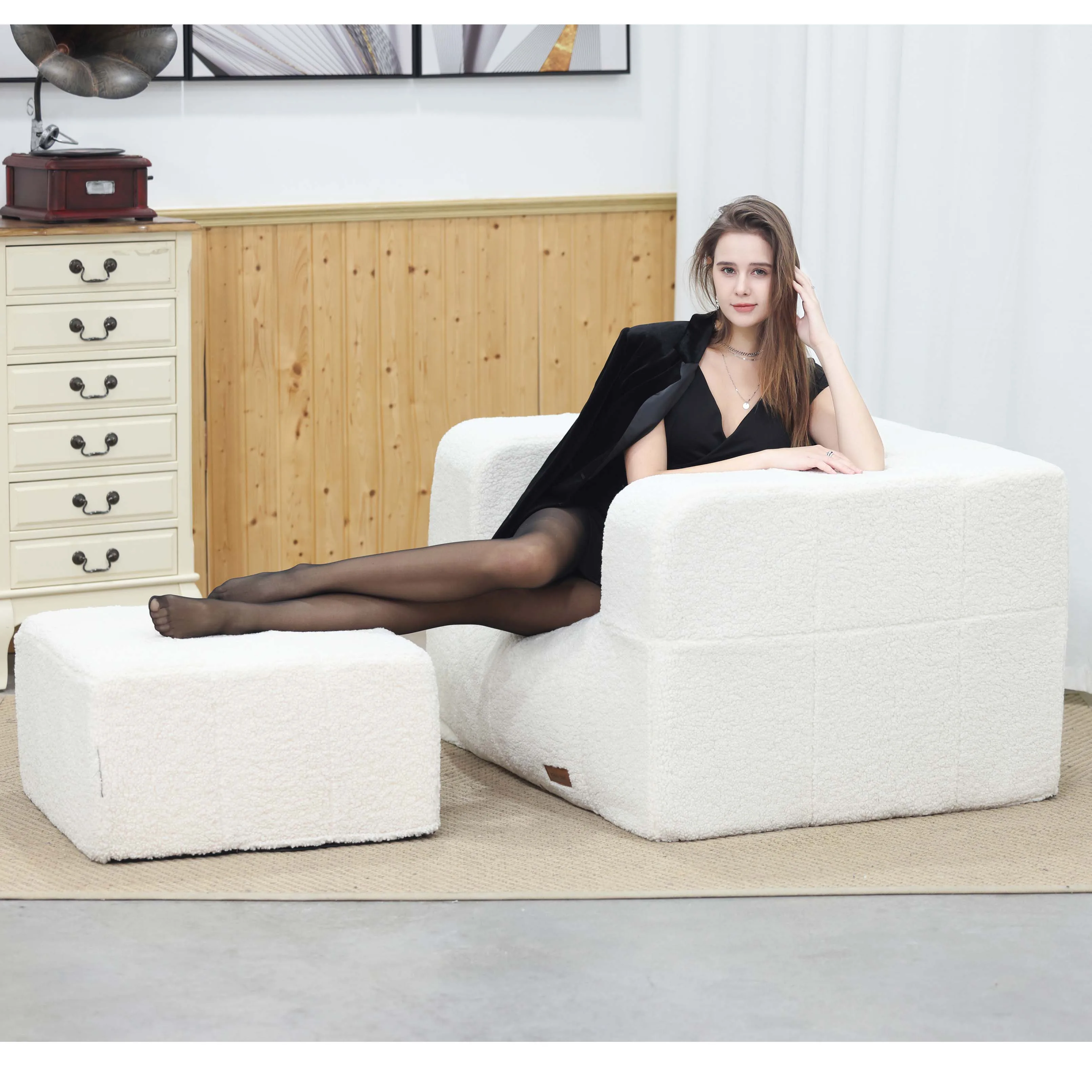 OEM Modern White Sherpa Indoor Sofa High Quality Compressible Density Foam Bean Bag Sofa Chairs with Ottoman