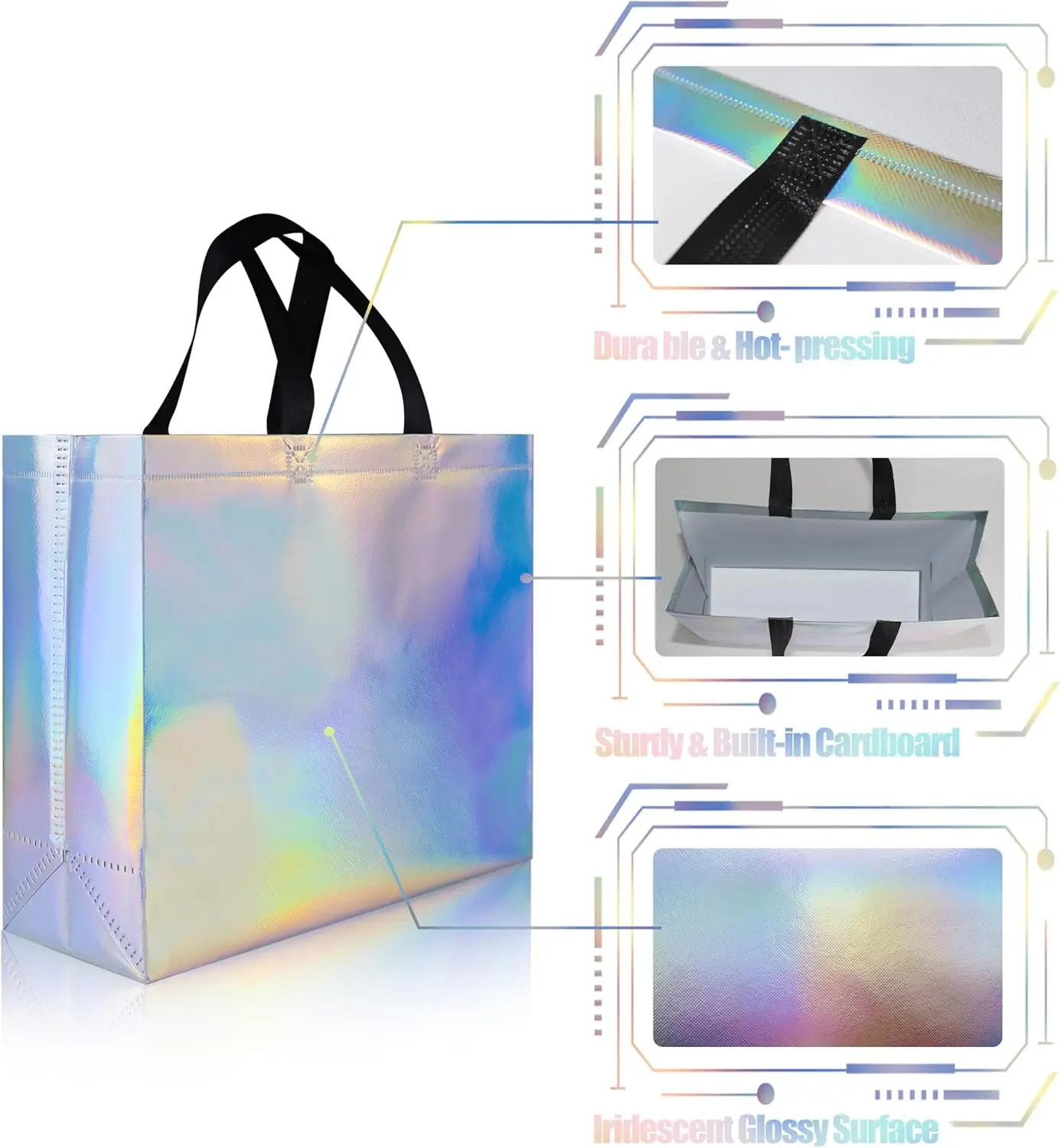 12.6x4.7x11 In 90gsm pp Non-woven Reusable Goodies, Iridescent Glossy Gift Bags Christmas Gift Bags for Birthday/