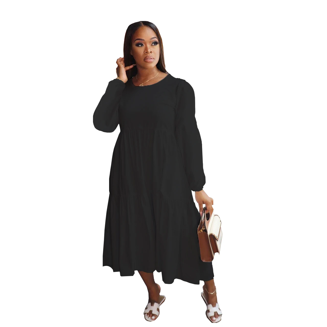 
Trending products women long sleeve long dress plus size dress solid color woman one-piece dress 