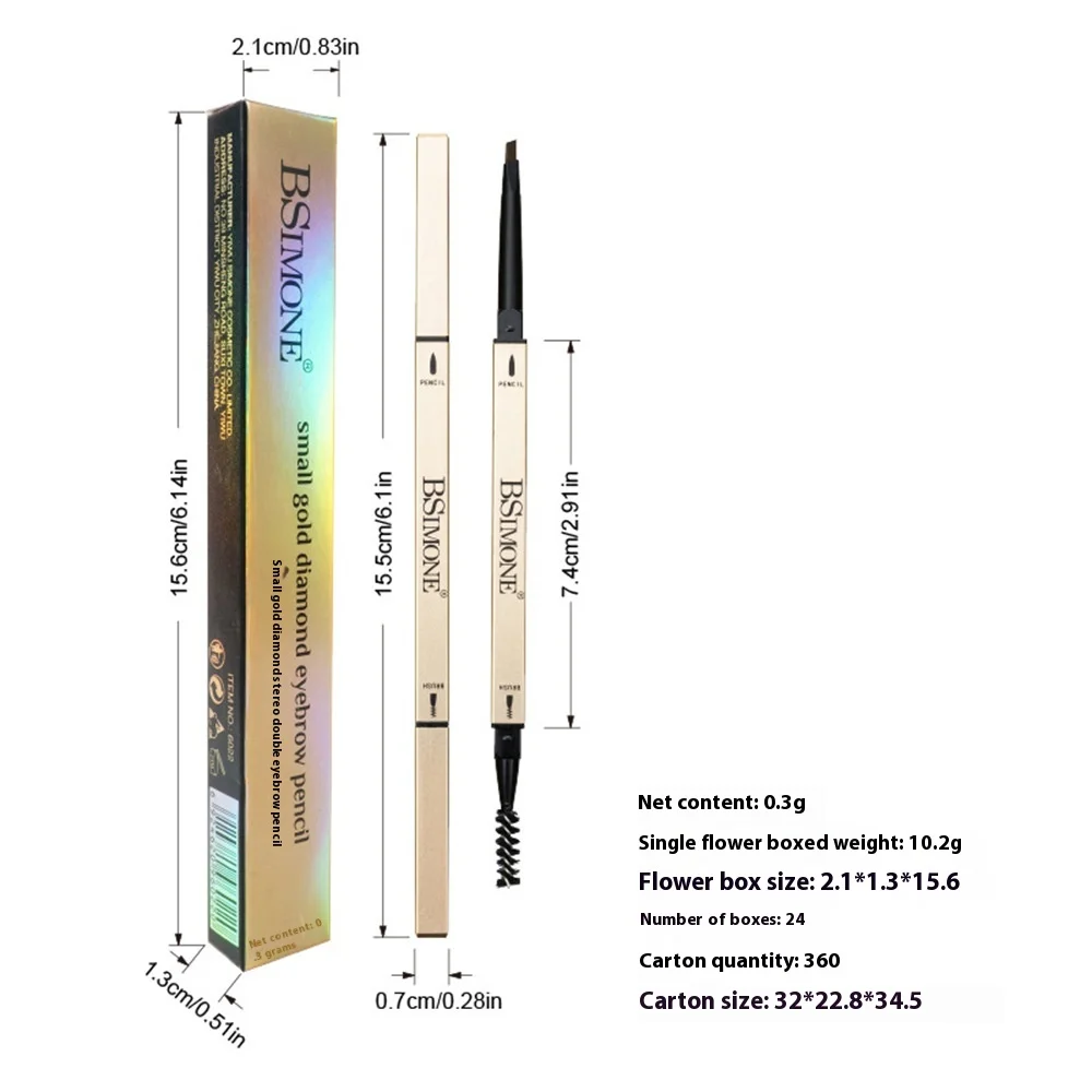 BSimone Double-Ended Ultra-Fine Small Gold Bar Eyebrow Pencil Long-Lasting Waterproof Anti-Sweat Beginners Mineral Box
