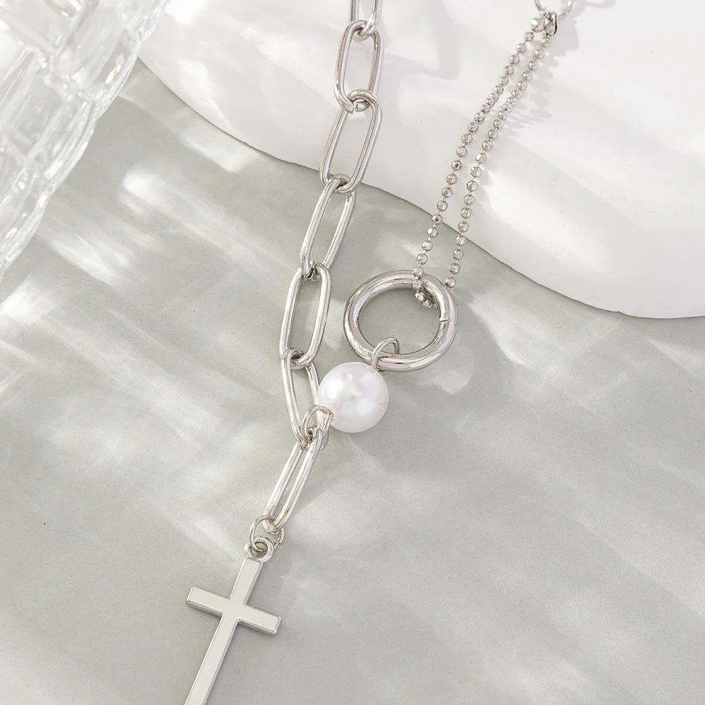 Fashion Cuban 316L Stainless Steel Long Chain Cross Pendant Bracelet Vintage Baroque Pearl Bracelets