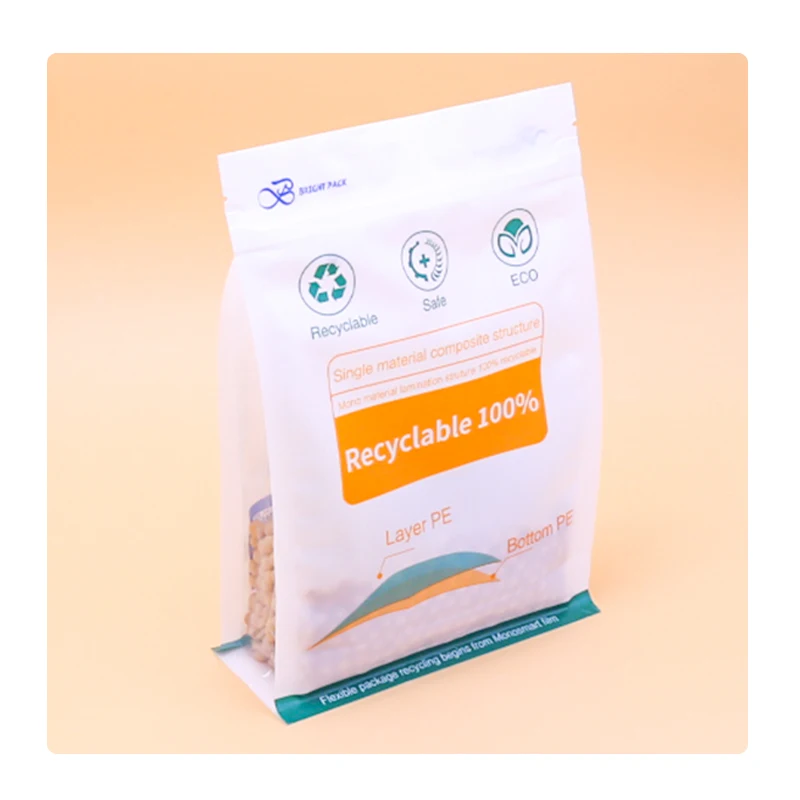 Customizable PE+PE eco packaging recyclable environmental protection eight edge seal food packaging square bottom bags