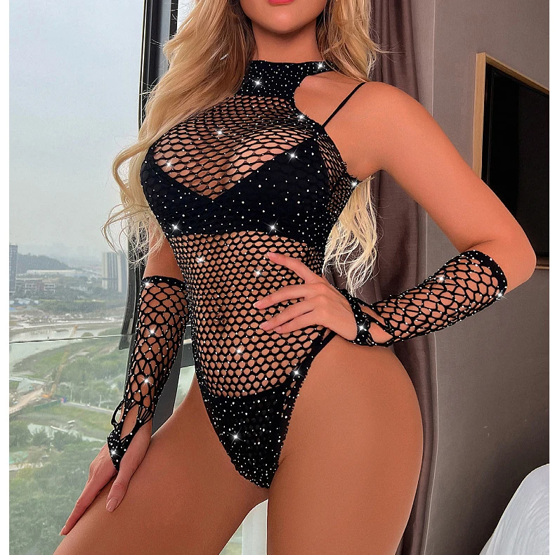 Sexy Sparker Rhinestone Straps Nylon Dresses Arm Sleeve Crystal Bodystockings Lingerie