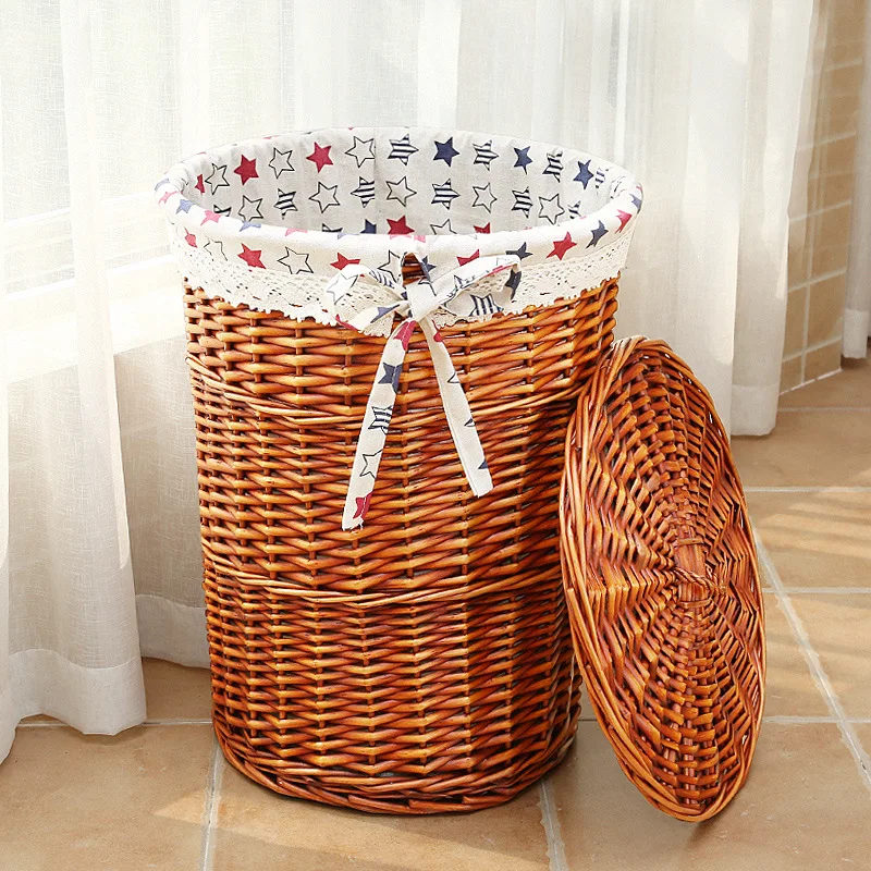 Robben Wholesales Rattan round storage basket laundry basket with flip cover livingroom storage baskets