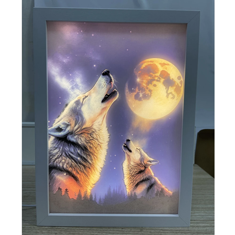Night light painting wolf artwork UV print Wood photo frame LED wall art for kids room