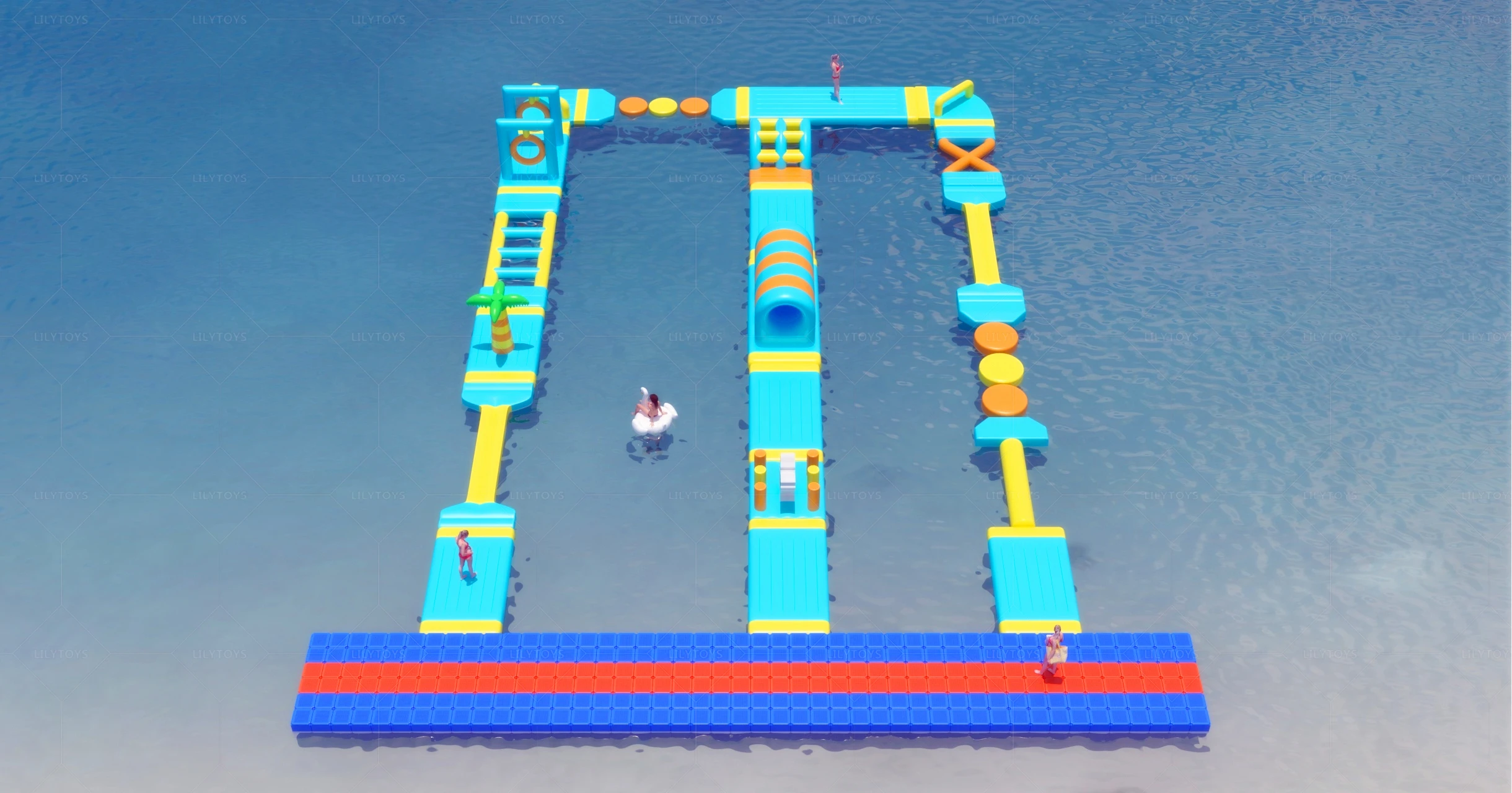 Inflatable Water Obstacle Course for Kids and Adults Featuring Floating Water Trampolines and Sport Games