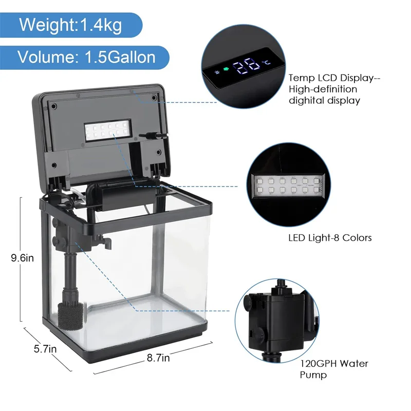 Small row aquarium with led light and filter Self Cleaning 3 in 1 Pump Filter  Freshwater & Saltwater Betta  Fish Tank Aquarium