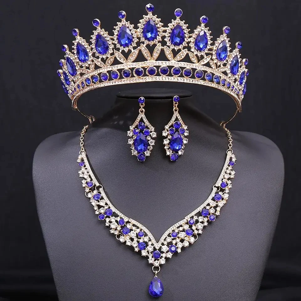 LUOXIN Baroque Bridal Wedding Crown 3 Pieces Tiara Earrings Necklace Crystal Crown Jewelry Set
