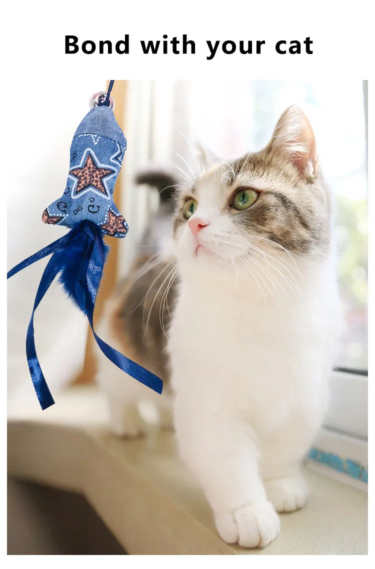 Blue feather bell wooden rod teasing cat stick pet interactive movement toys