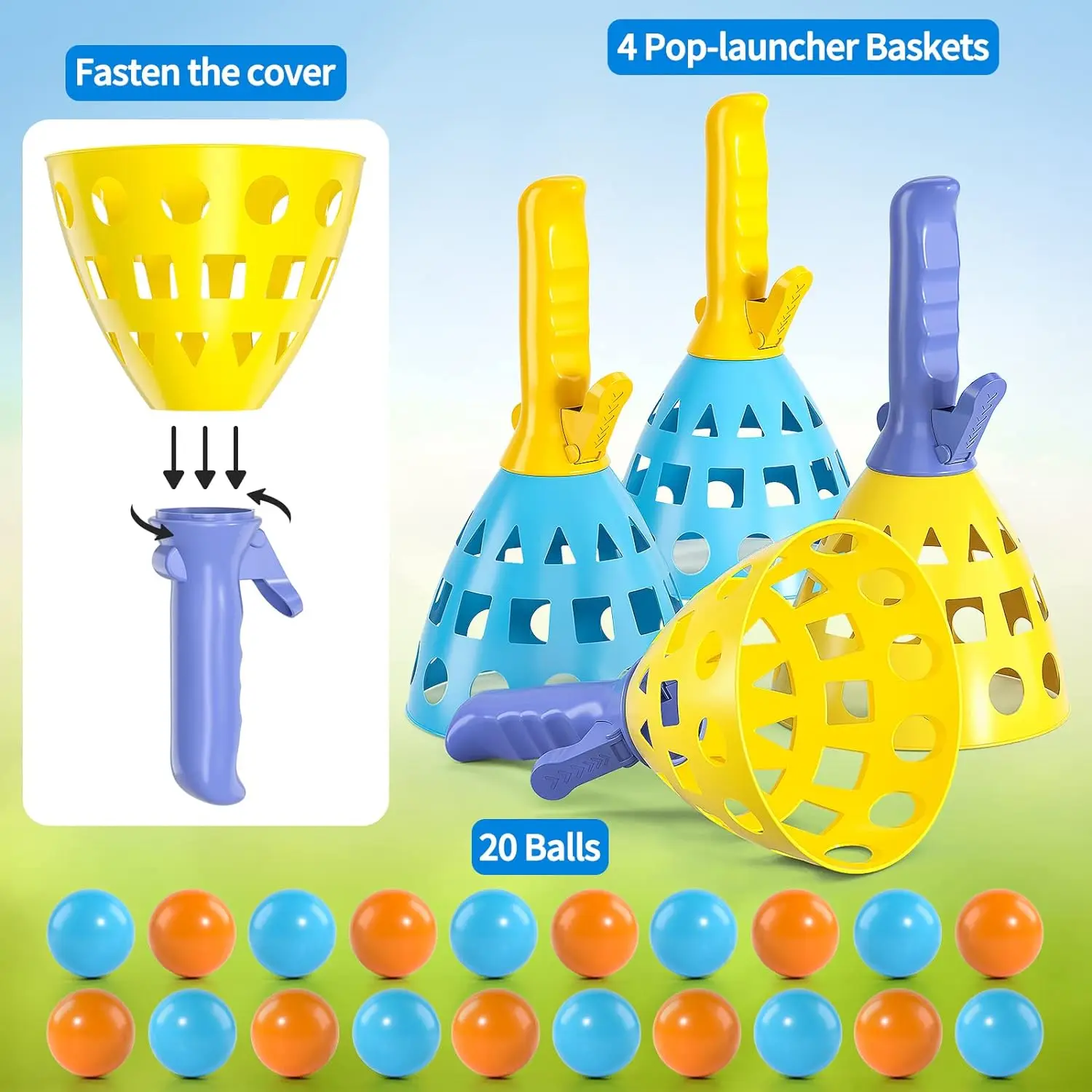 TEMI Pop Pass Catch Ball Game with 4 Catch Launcher Baskets and 20 Balls, Beach Toys Backyard Outdoor Indoor Balance training