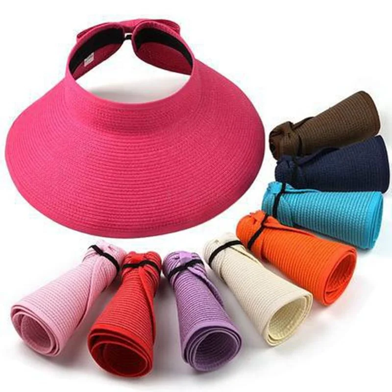 Empty Vertex Visor Hat Folding Wide Brim Strawl Hat Summer Beach Lady UV Straw Hats