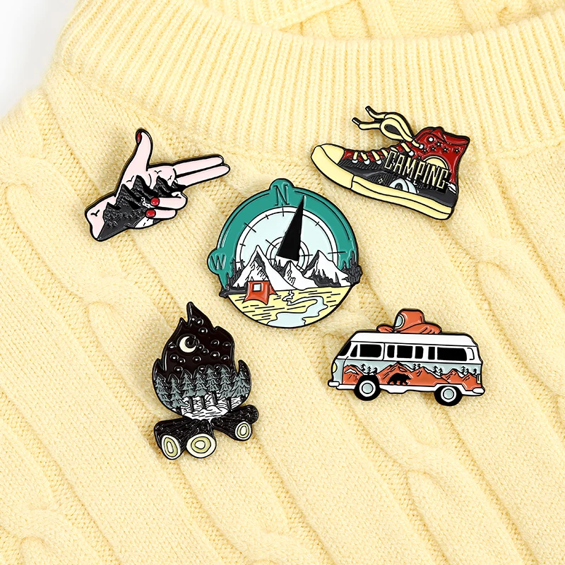 Camping Enamel Pin Outdoor Compass Canvas Shoe Bonfire Tent Motorhome Brooches Bag Lapel Pin Badge Jewelry