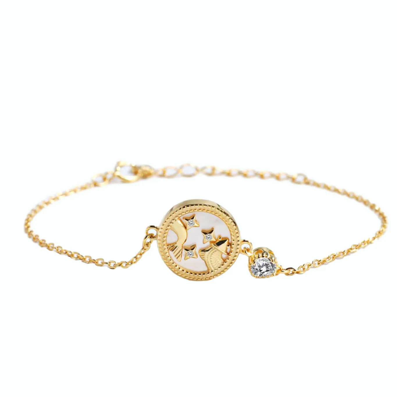 Daidan Charm Bracelet Sterling Silver Womens Fashion Horoscope Coin 18K Gold Plated Shell Zodiac Bracelet