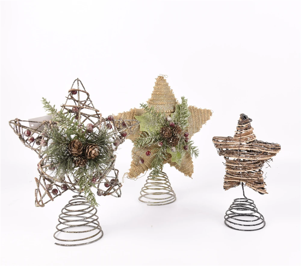 GY BSCI Christmas Decoration Metal Wire Brown Hanging Rattan LED Lights Decorated Star Tree Topper