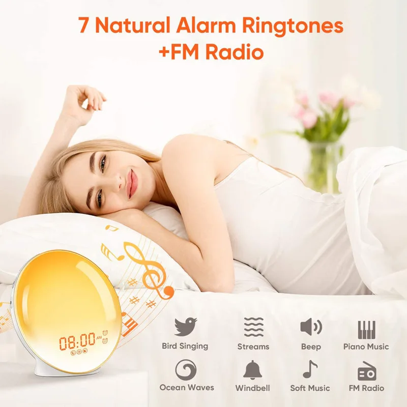 Wake Up Light Sunrise Alarm Clock for Kids Heavy Sleepers Bedroom with Sunrise Simulation Sleep Aid Dual Alarms FM Radio