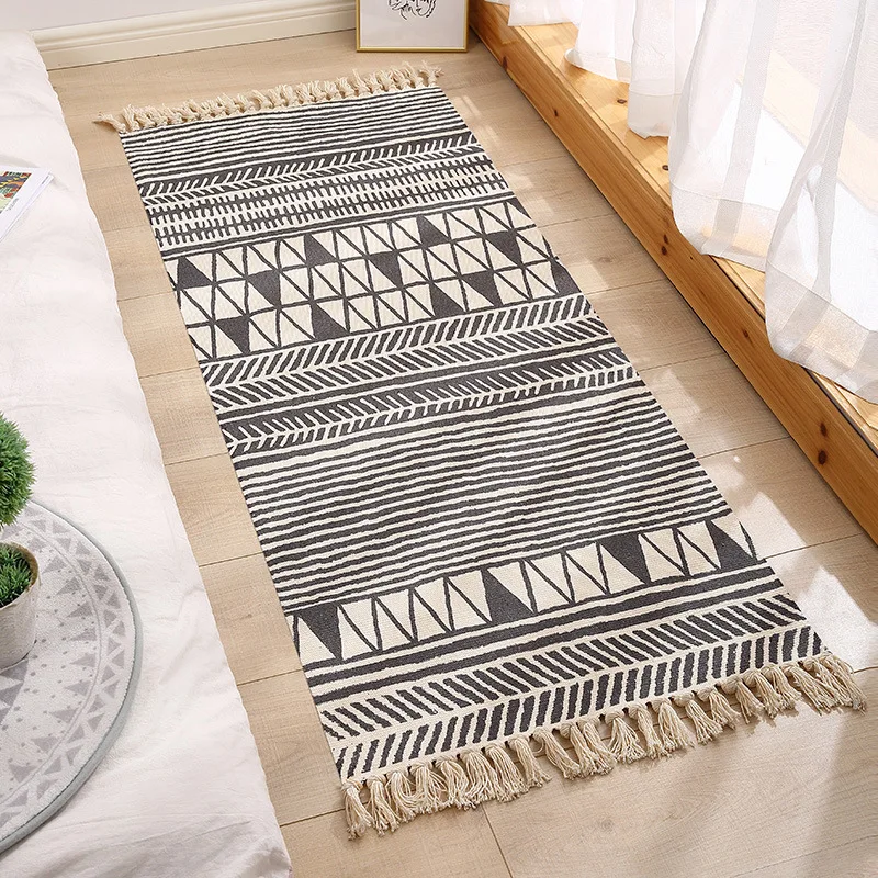 Environmental hand-woven national style rugs home bedroom long fringe non-slip pad cotton linen bed carpet