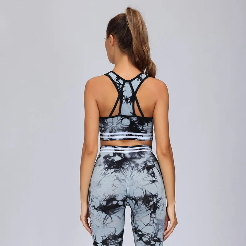 Knitted Fashion Slim High Quality Suit Wear Spandex/Nylon Tie Dye American Sport Bra Top Fitness Stripe Yoga Sets