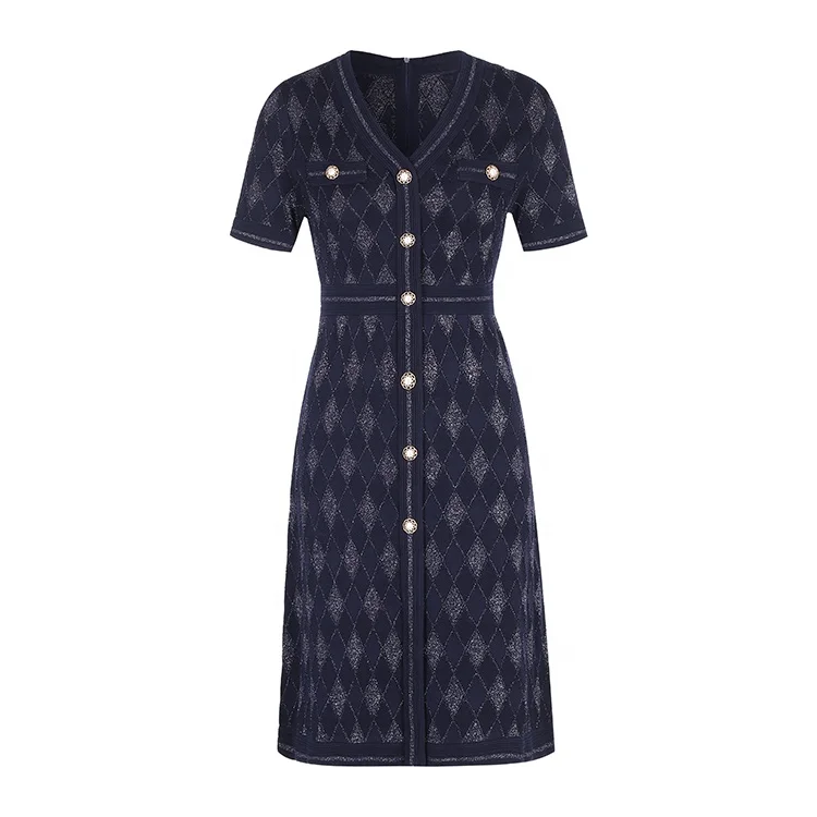 Производитель вязаных изделий на заказ осеннее винтажное элегантное вязаное роскошное женское платье-свитер с v-образным вырезом и коротким рукавом