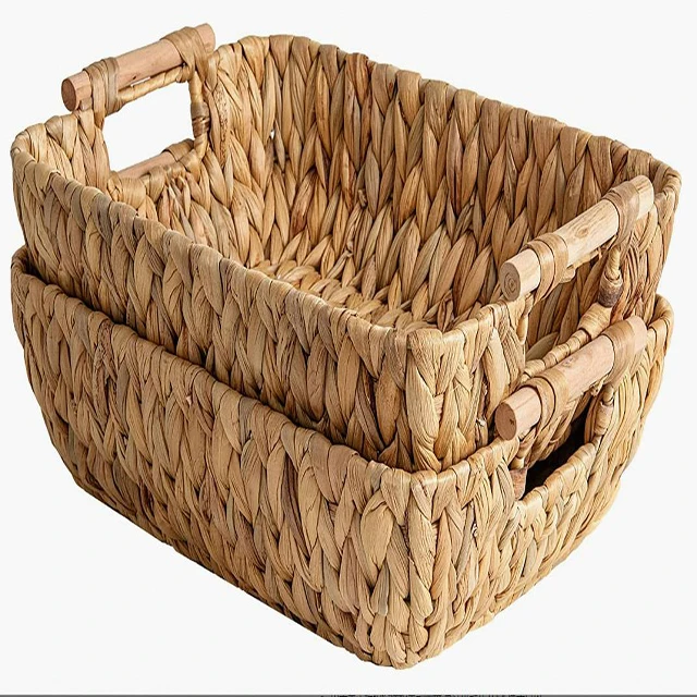 Hand woven large storage basket for sorting large storage basket with wooden handle Water hyacinth wicker basket