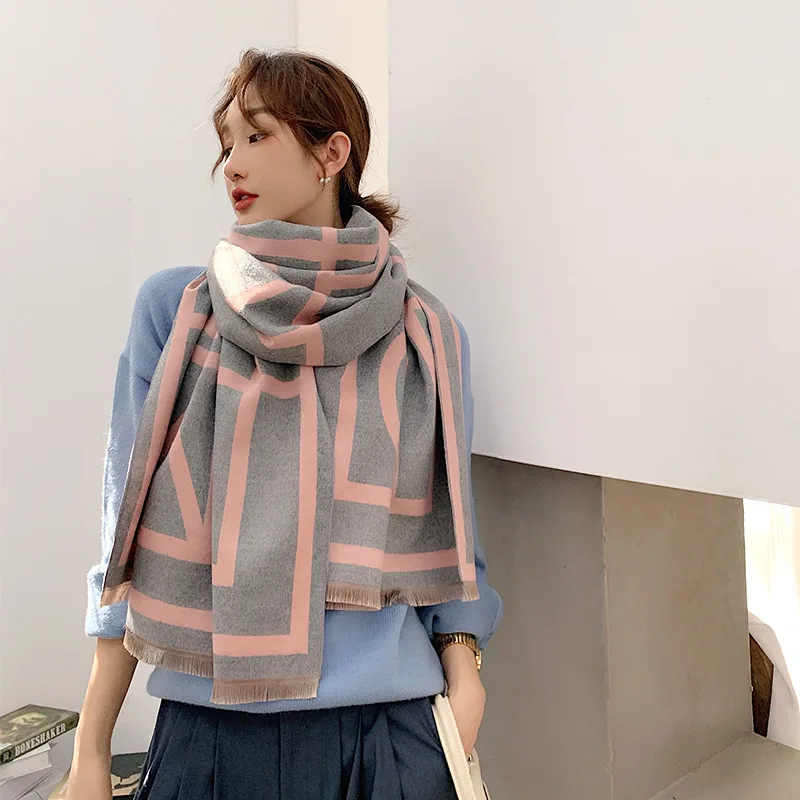 new luxury designer ladies double sided pashmina shawls fashion letter pattern scarves for women winter warm cashmere shawl