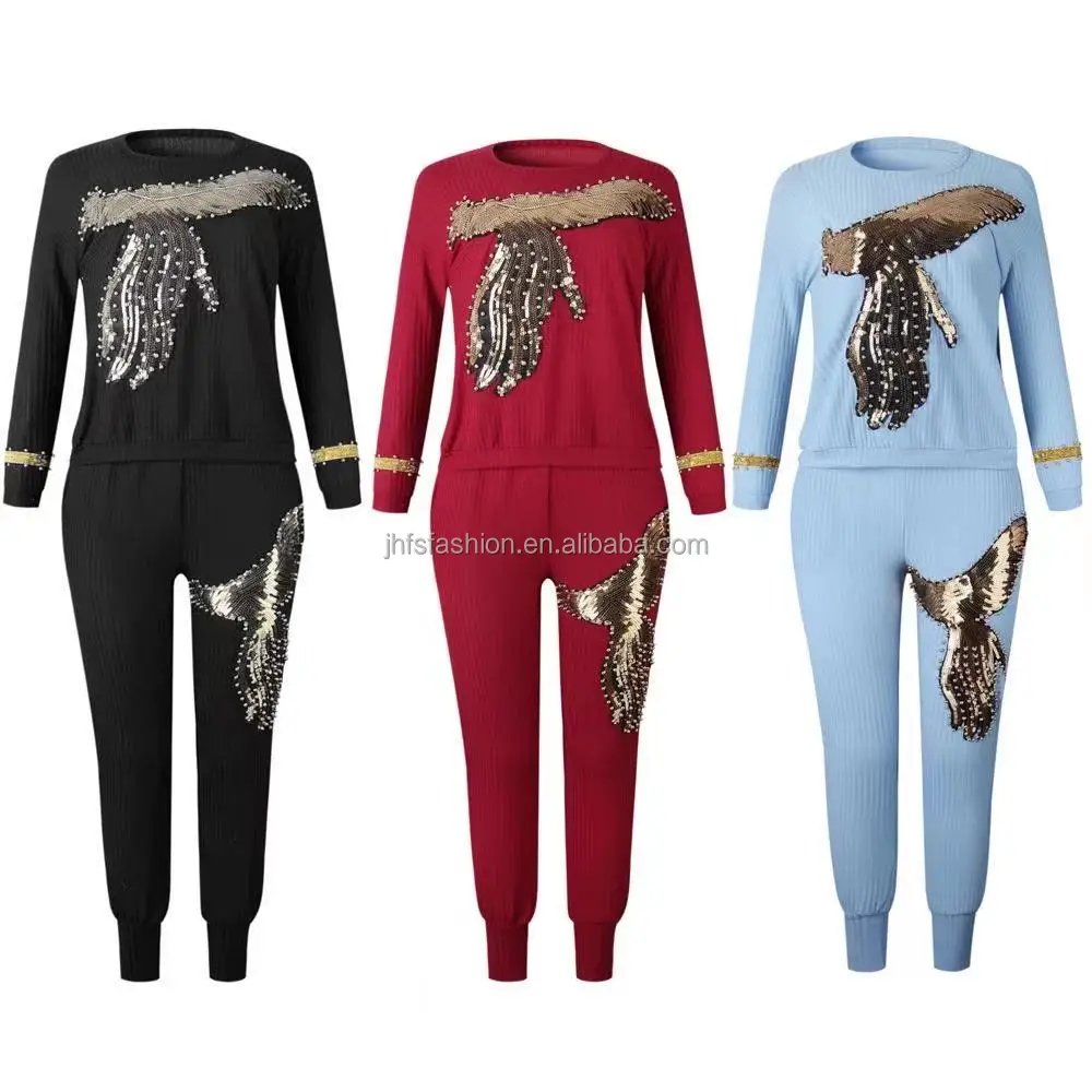 J&H new design 2022 cotton knit outfits with sequins pattern women sweat suit fashionable africa clothing