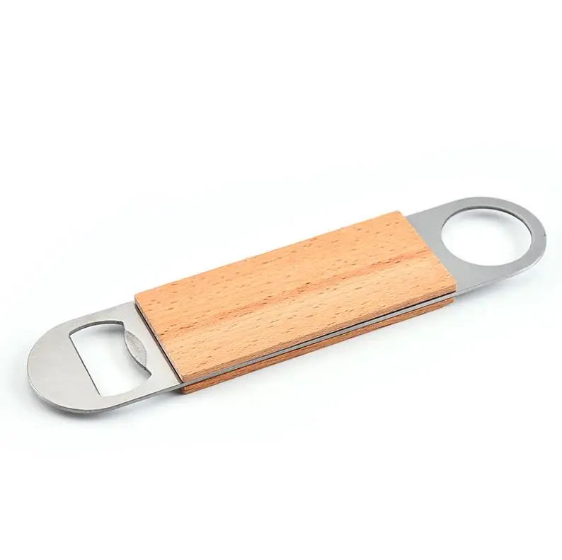 DIY Wooden Handle Stainless Steel Large Flat Beer Bottle Opener Kitchen Tools Bar Beer Wine Openers Custom Logo
