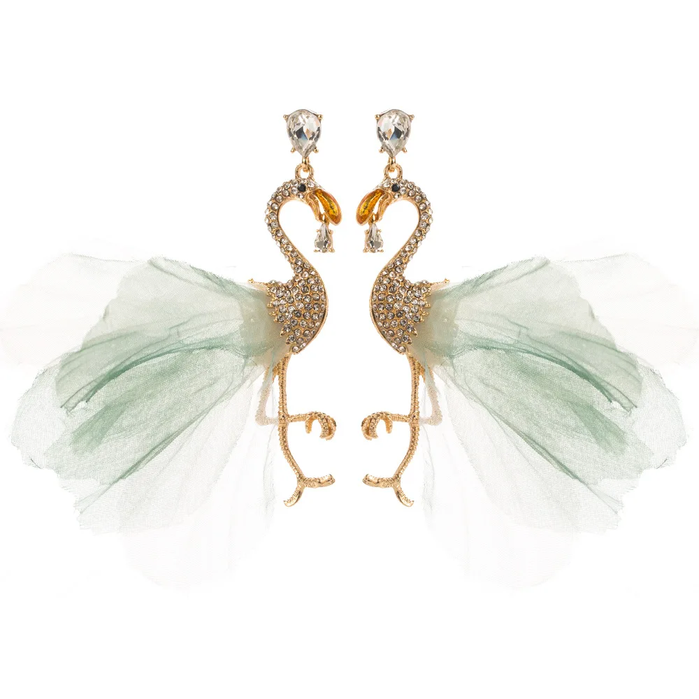 Fashionable diamond studded flamingo mesh earrings super fairy fashion girl earrings versatile temperament personalized earrings