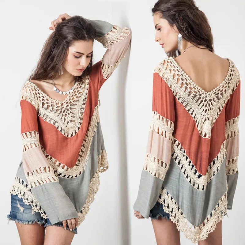 Hot Selling Women Crochet Patched Top Blouse Beach Wear Cover Up See Through