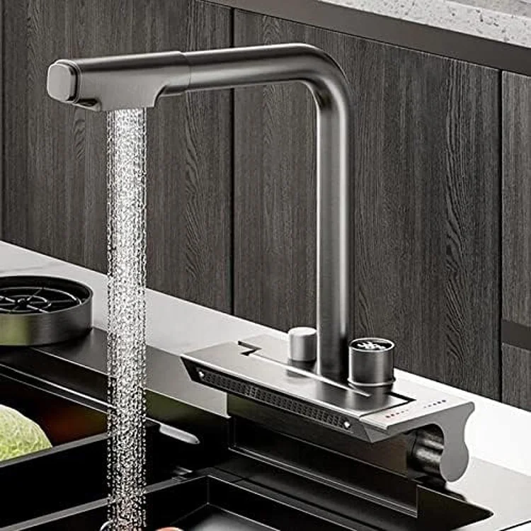Hot Selling Nano Black 304 Stainless Steel Handmade Kitchen Sink Waterfall Pull Out Kitchen Faucet