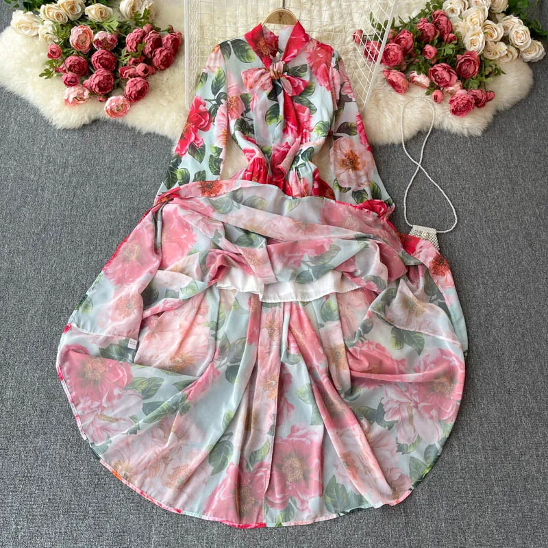 Fashion Clothes 2022 Women Autumn Elegant Printed Holiday Dress New Sweet Lace-Up Bow-Neck Ladies Long Dresses Women