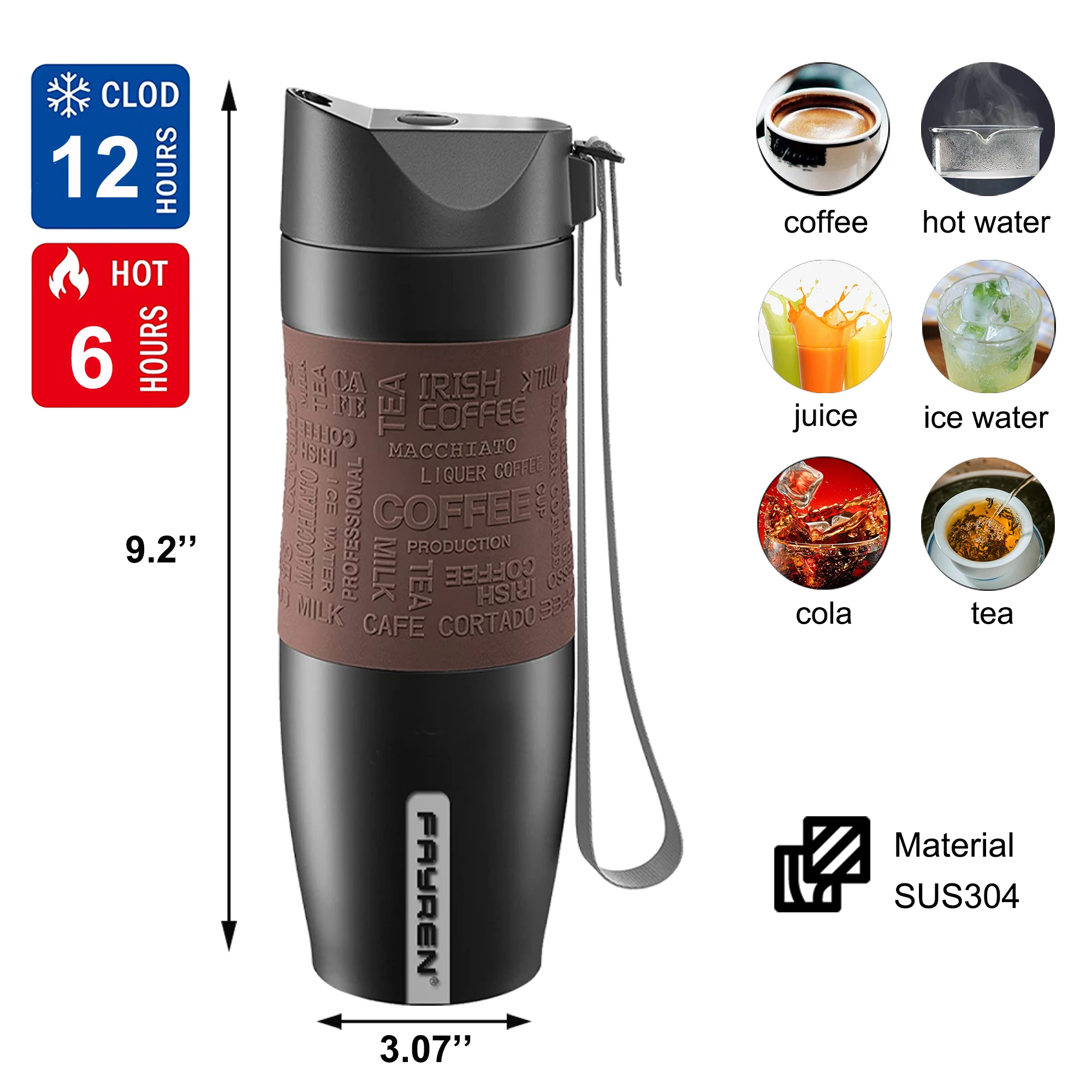 Manufacturer Well Made Insulated Cup With Press Lid 100% Leak-proof Double Wall 304 Stainless Steel Travel Mug With Handle Rope