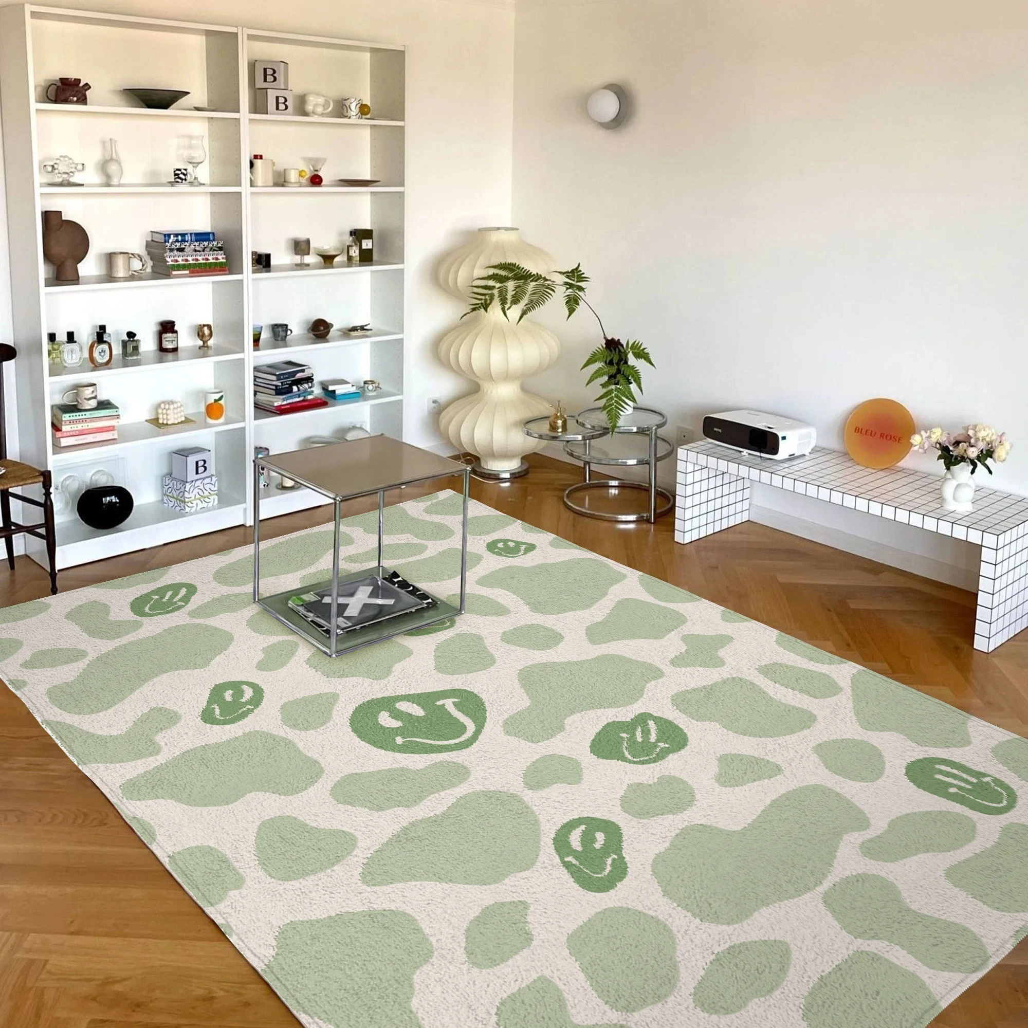 Sage Green Smiley Cow Print Carpet Funky Danish Pastel Decor Floor Mats Cottage core Living Room Modern Minimalist Plus Area Rug